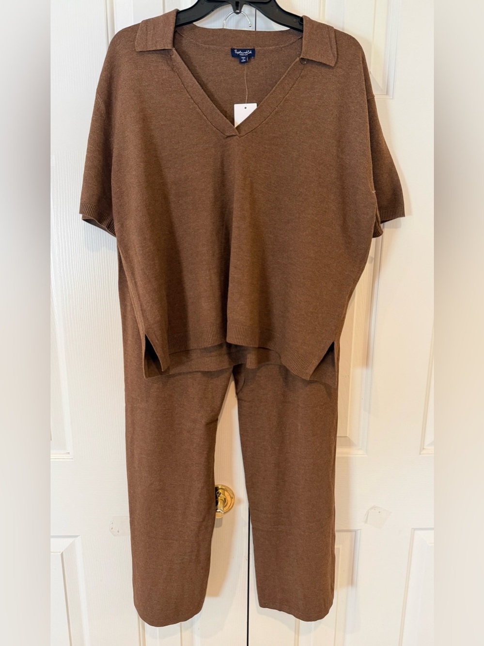 Splendid Chocolate Brown Two-Piece Pants Set Short Sleeve Top Quality Knit V-Nk